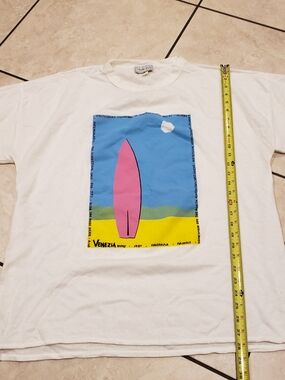 Vintage..Venezia White Tee with Black and Gray Logo Tag